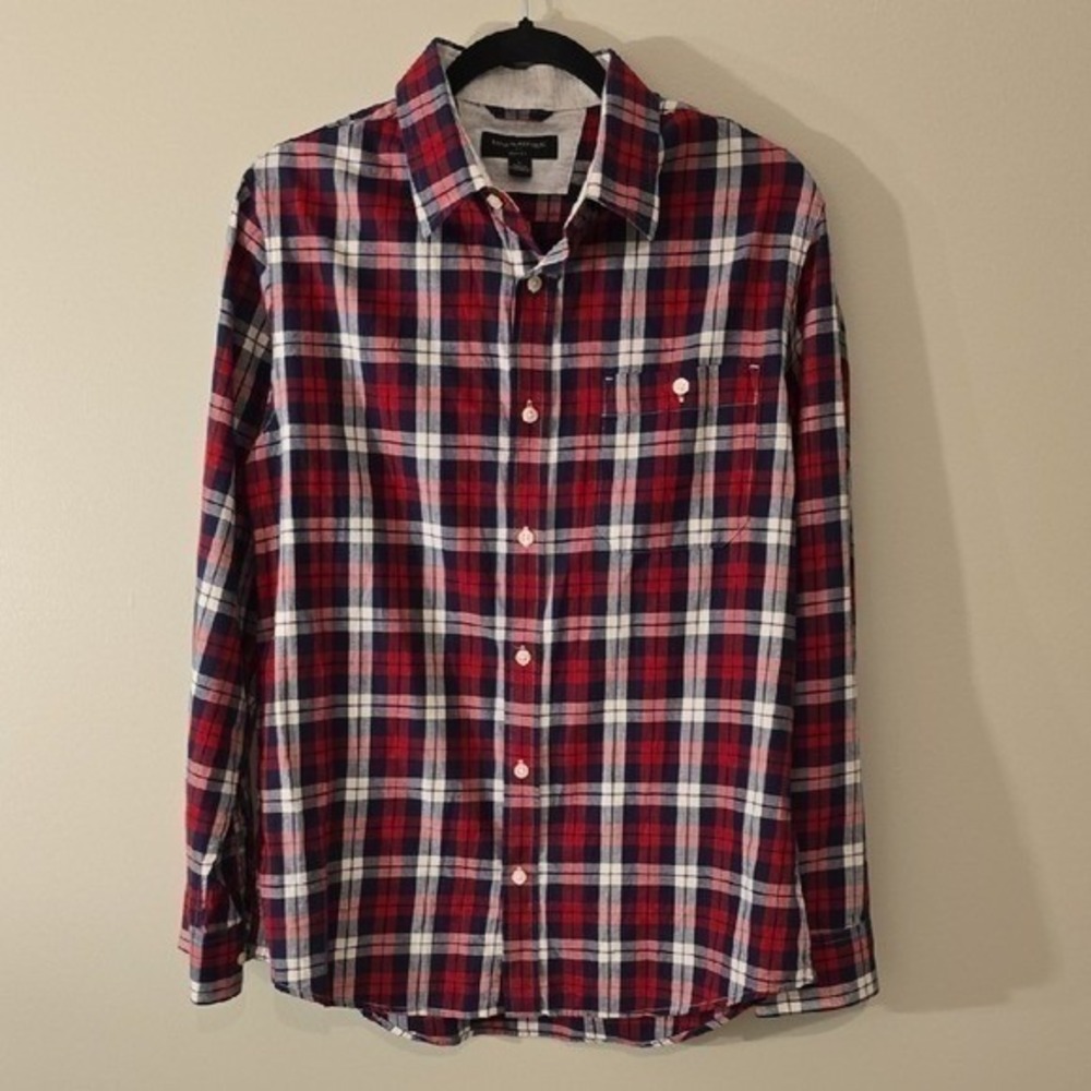 Banana Republic Mens Red Navy Plaid Flannel Shirt Slim Fit Large Classic Preppy